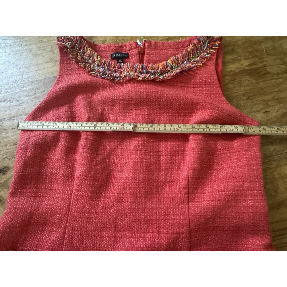 Talbots Tweed Sheath Dress Size 10 Coral Red Fringe Trim Sleeveless Lined Pocket - Picture 11 of 12